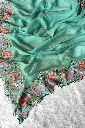 Aqua Color Cross Stich Floral Design Embroidery Work Cut Work Glossy Silk Saree