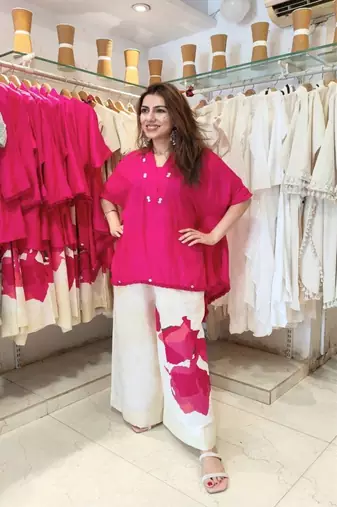 Pink Floral printed v neck  pure cotton co-ord set