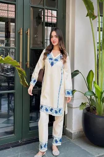 White Floral embroidered v neck  pure cotton co-ord set