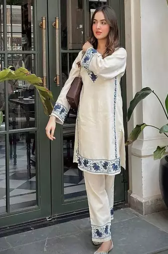 White Floral embroidered v neck   cotton co-ord set