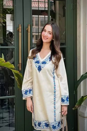 White Floral embroidered v neck   cotton co-ord set