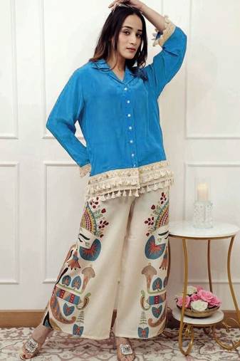 Blue Floral embroidered collar neck  pure cotton co-ord set