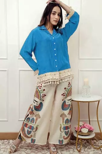 Blue Floral embroidered collar neck  pure cotton co-ord set