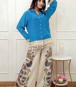 Blue Floral embroidered collar neck  pure cotton co-ord set