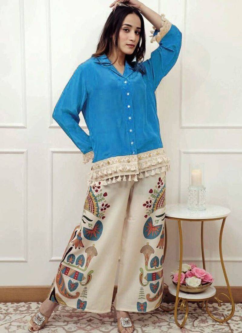 Blue Floral embroidered collar neck  pure cotton co-ord set