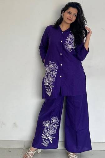 Purple Floral printed collar neck  pure cotton co-ord set