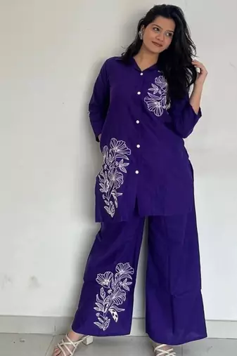 Purple Floral printed collar neck  pure cotton co-ord set