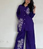 Purple Floral printed collar neck  pure cotton co-ord set
