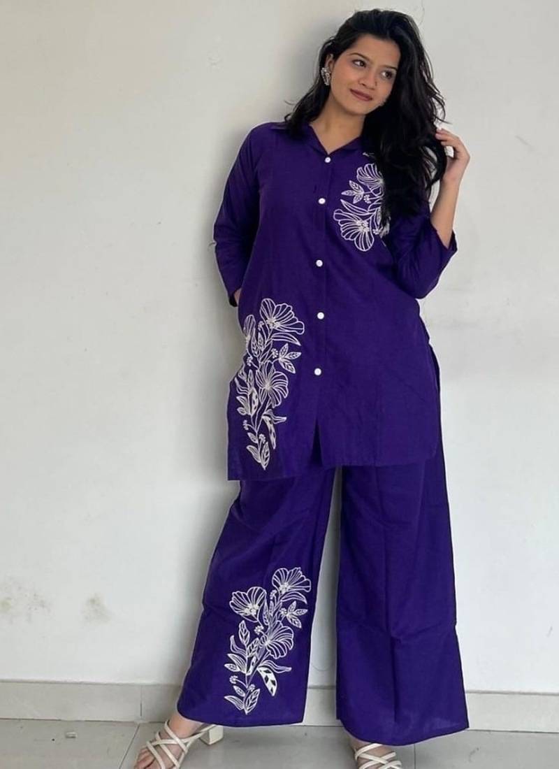 Purple Floral printed collar neck  pure cotton co-ord set