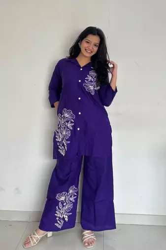 Purple Floral printed collar neck   cotton co-ord set