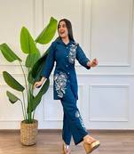 Blue Floral printed collar neck  pure cotton co-ord set