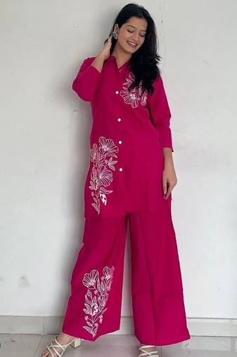 Pink Floral printed collar neck pure cotton co-ord set