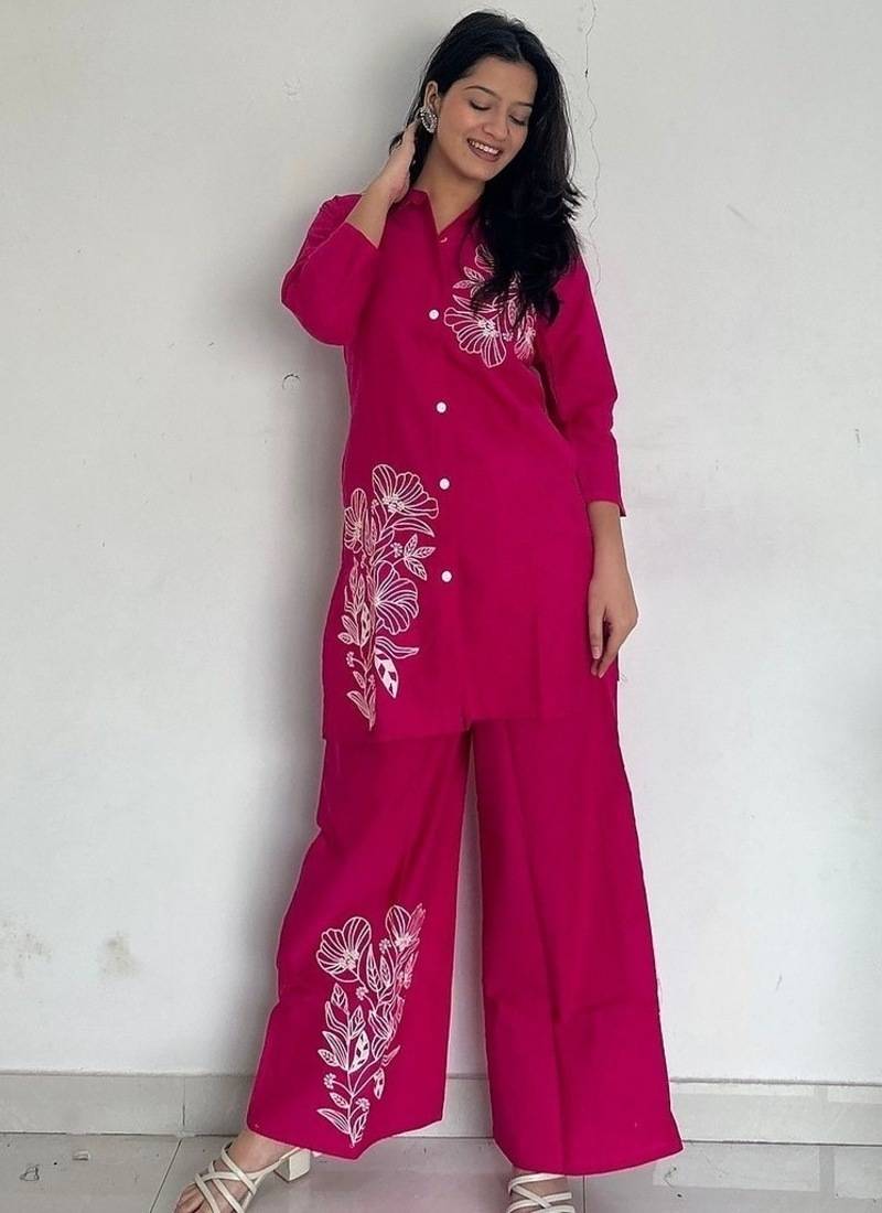 Pink Floral printed collar neck pure cotton co-ord set