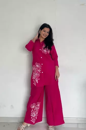 Pink Floral printed collar neck  cotton co-ord set