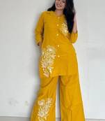 yellow Floral printed collar neck  pure cotton co-ord set