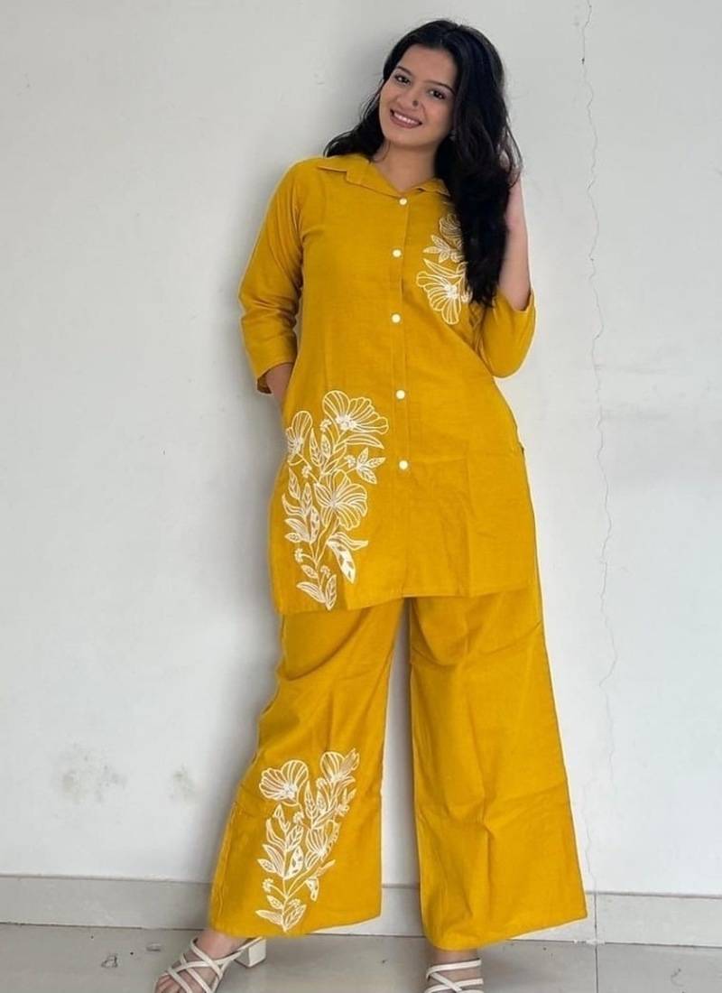 yellow Floral printed collar neck  pure cotton co-ord set