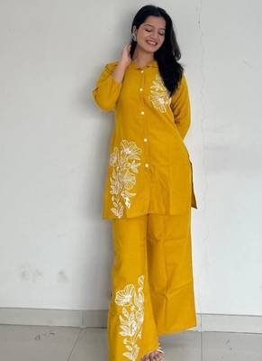 yellow Floral printed collar neck   cotton co-ord set 2