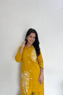 yellow Floral printed collar neck   cotton co-ord set 3