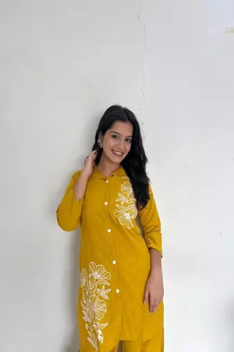 yellow Floral printed collar neck   cotton co-ord set