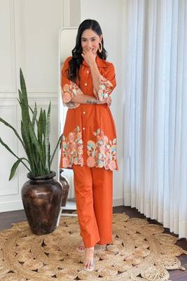 Orange Floral embroidered collar neck   cotton co-ord set 1