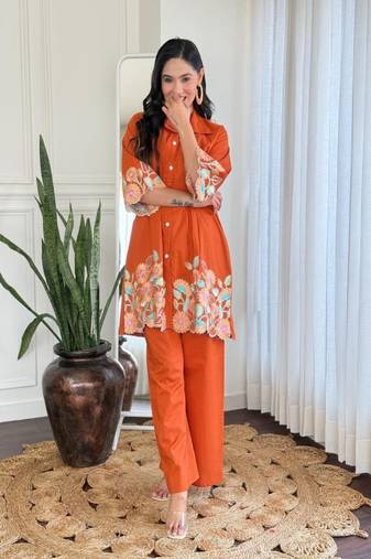 Orange Floral embroidered collar neck  pure cotton co-ord set