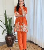 Orange Floral embroidered collar neck  pure cotton co-ord set