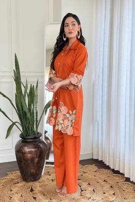 Orange Floral embroidered collar neck   cotton co-ord set 2