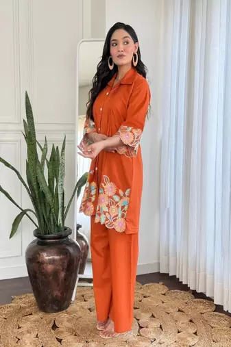 Orange Floral embroidered collar neck   cotton co-ord set
