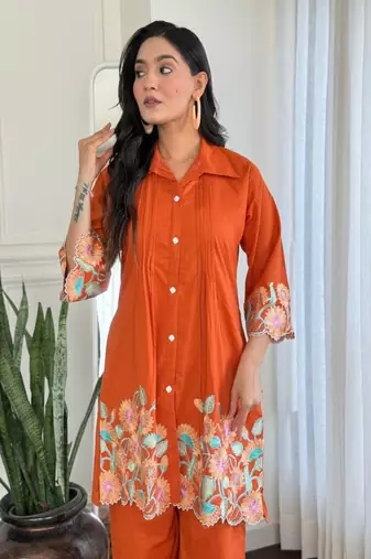 Orange Floral embroidered collar neck   cotton co-ord set