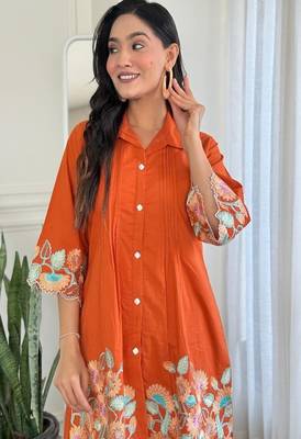 Orange Floral embroidered collar neck   cotton co-ord set 4