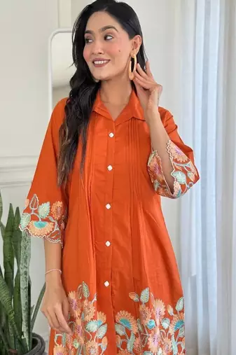 Orange Floral embroidered collar neck   cotton co-ord set