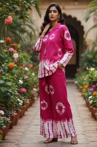 Pink Floral printed collar neck  pure cotton co-ord set