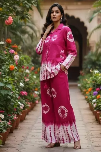 Pink Floral printed collar neck  pure cotton co-ord set