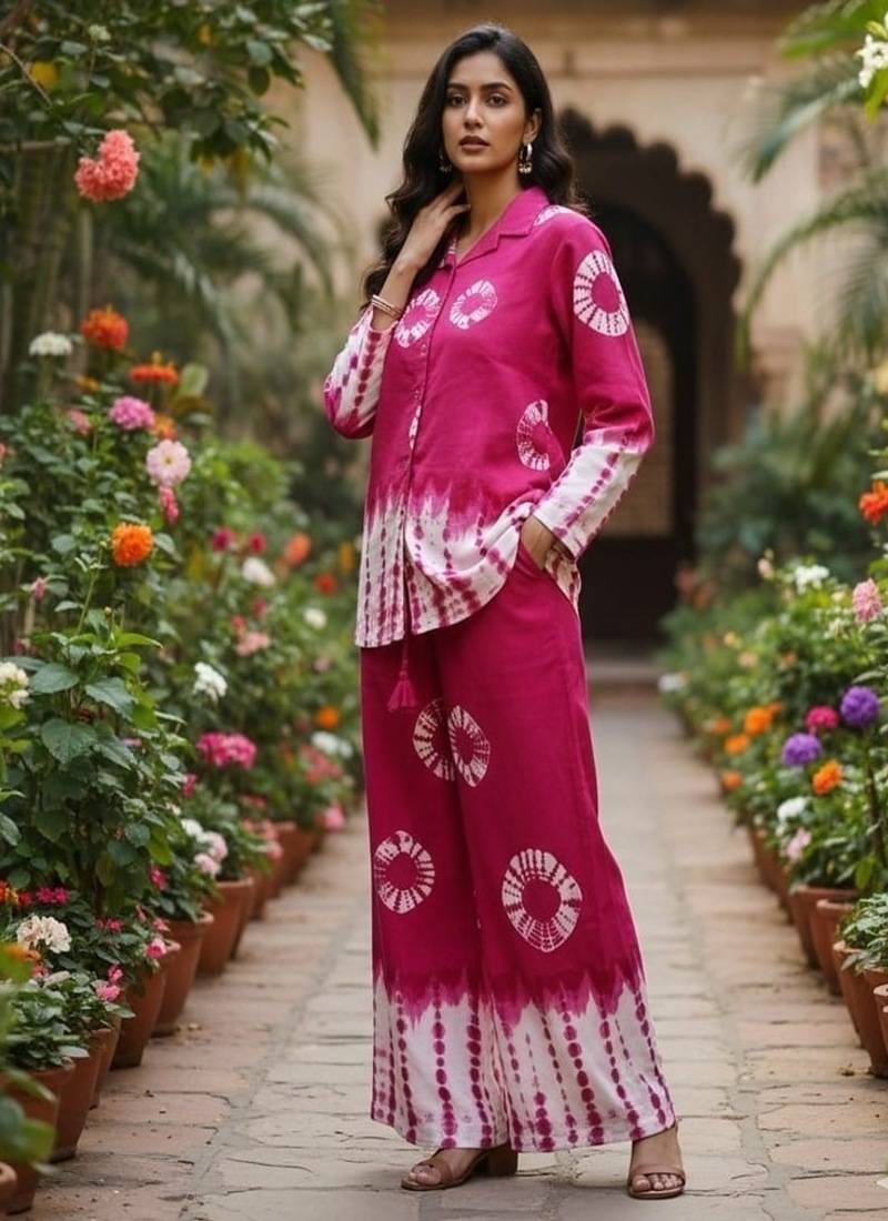 Pink Floral printed collar neck  pure cotton co-ord set