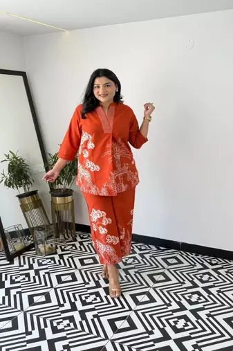 Floral printed round neck  pure cotton co-ord set