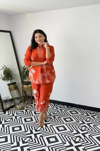 Floral printed round neck   cotton co-ord set