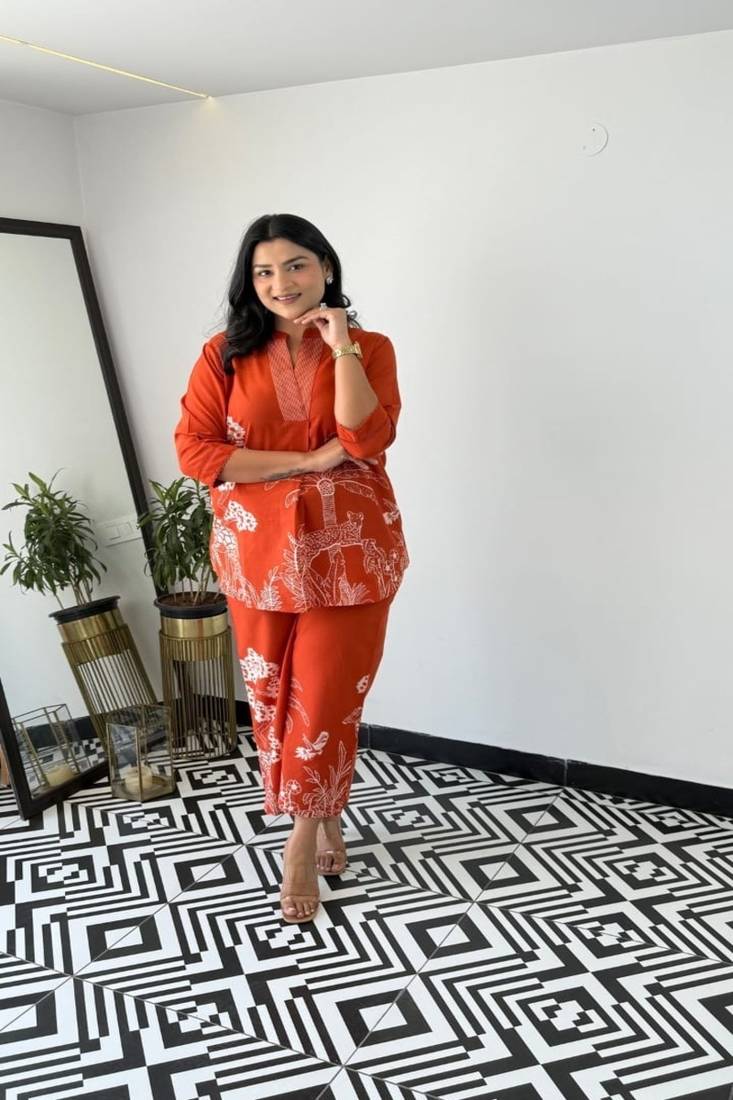 Floral printed round neck  pure cotton co-ord set