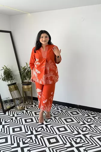 Floral printed round neck   cotton co-ord set