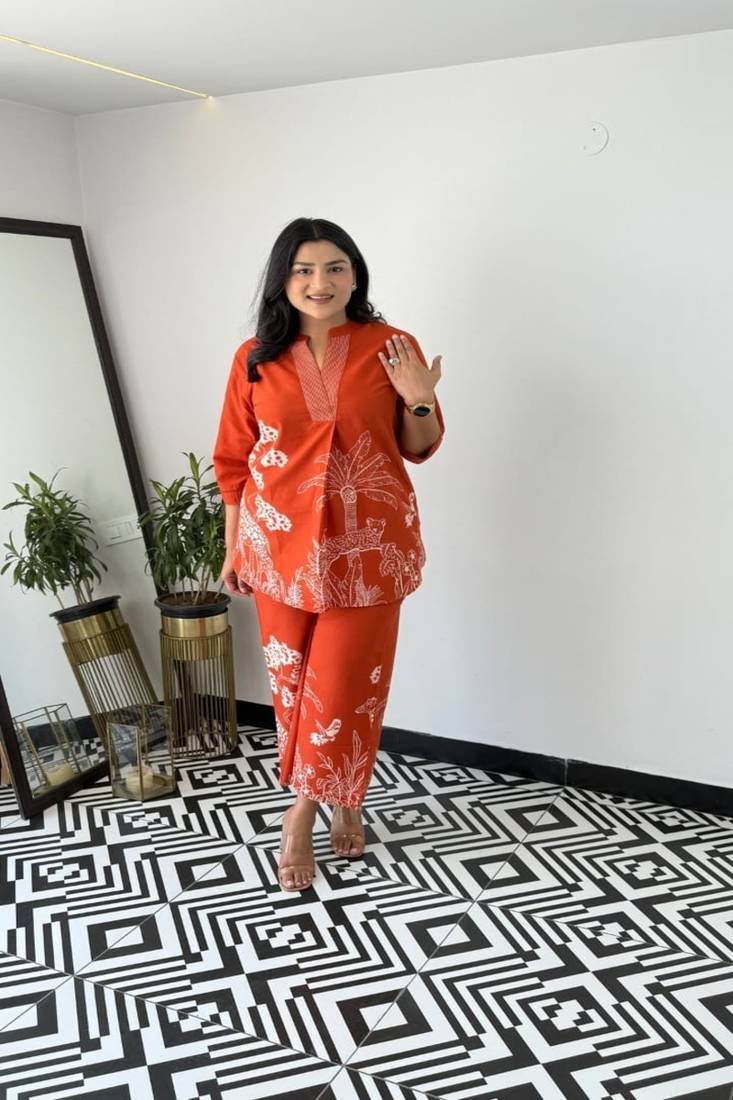 Floral printed round neck  pure cotton co-ord set