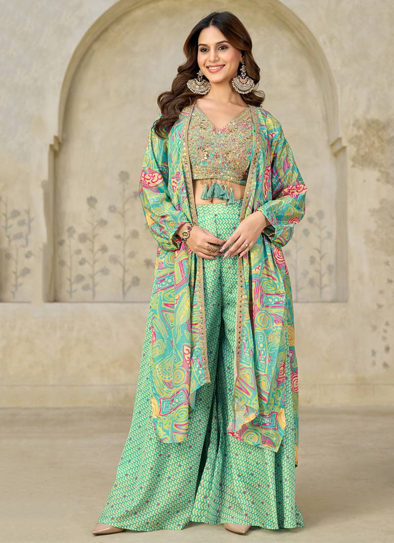 sky-blue printed chiffon salwar-kameez