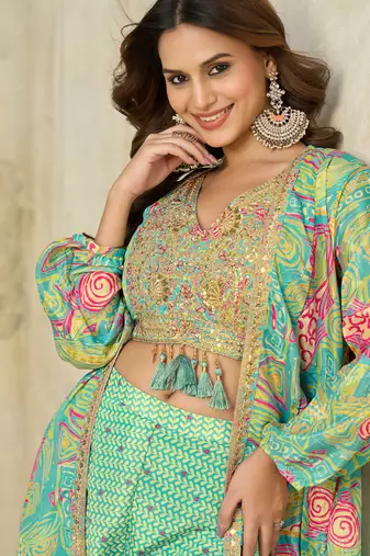 sky-blue printed chiffon salwar-kameez
