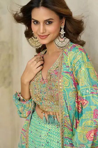 sky-blue printed chiffon salwar-kameez