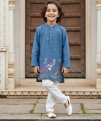 Blue printed cotton kurta pyjama 1