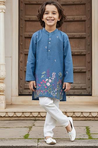 Blue printed cotton kurta pyjama