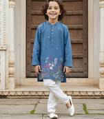 Blue printed cotton kurta pyjama