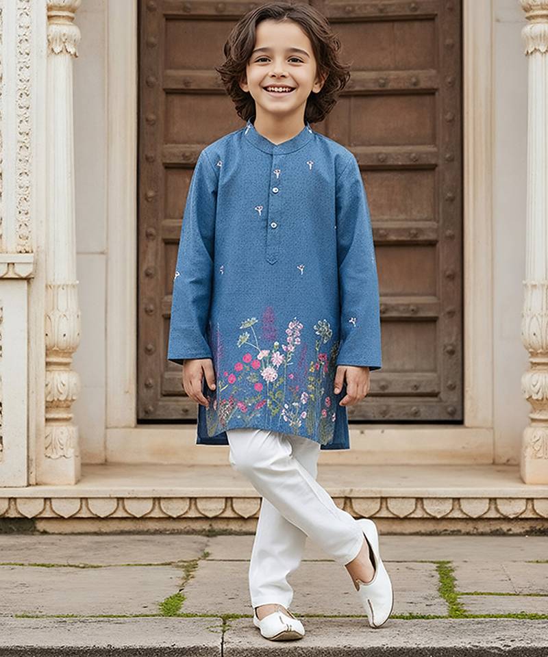 Blue printed cotton kurta pyjama