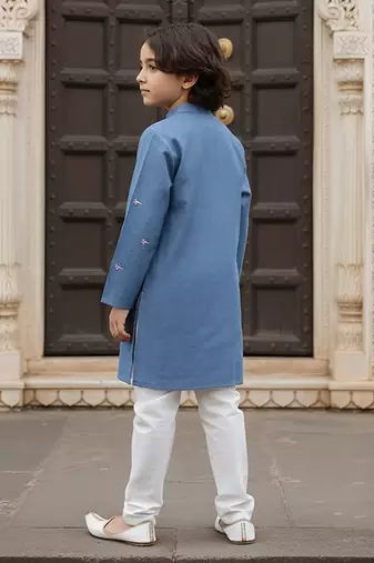 Blue printed cotton kurta pyjama