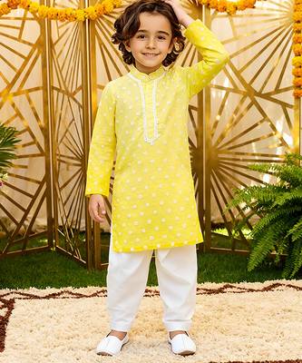 Yellow embroidered chanderi kurta pyjama 1