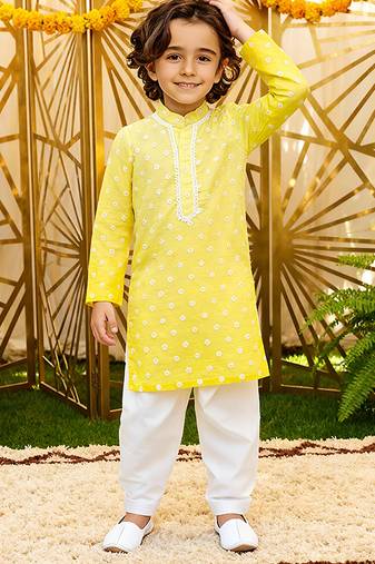 Yellow embroidered chanderi kurta pyjama