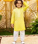Yellow embroidered chanderi kurta pyjama